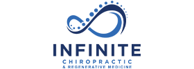 Logo of Infinite Chiropractic & Regenerative Medicine featuring a blue infinity symbol with circular accents above the text 'INFINITE' in bold blue letters and 'Chiropractic & Regenerative Medicine' in smaller blue font