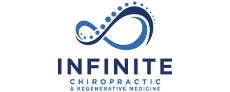 ogo for Infinite Chiropractic & Regenerative Medicine in blue, featuring an abstract infinity symbol with a series of dots along the top curve and the business name written below