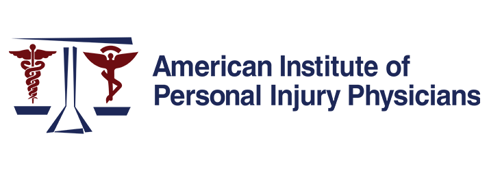 Logo of the American Institute of Personal Injury Physicians featuring a stylized scale of justice with two red medical symbols on each side and the organization’s name in blue text